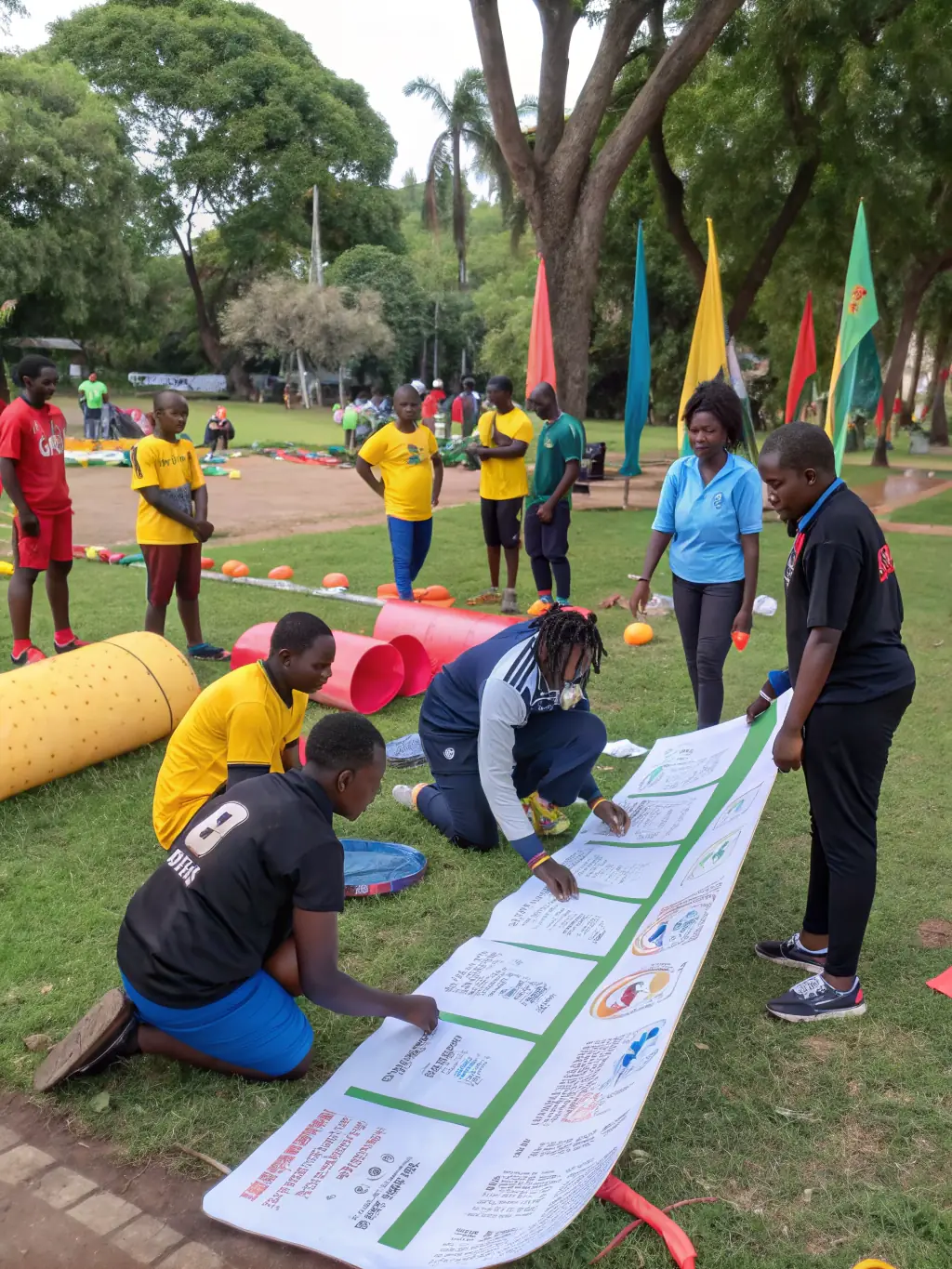 A diverse group of START&SPORTS volunteers working together at a community sports event, showcasing their dedication and positive impact.